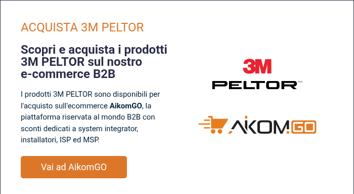 ACQUISTA 3M PELTOR &nbsp; Scopri e acquista i prodotti 3M PELTOR sul nostro e-commerce B2B &nbsp; I prodotti 3M PELTOR sono disponibili per l'acquisto sull'ecommerce AikomGO, la piattaforma riservata&nbsp;al mondo B2B con sconti dedicati a system integrator, installatori, ISP ed MSP.