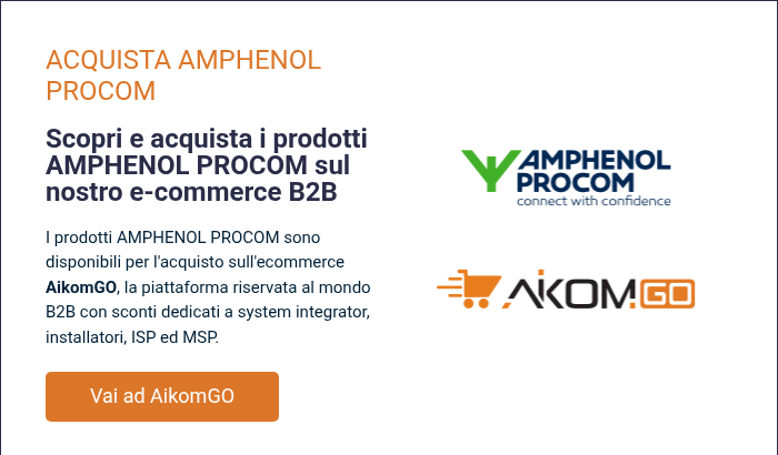 ACQUISTA AMPHENOL PROCOM &nbsp; Scopri e acquista i prodotti AMPHENOL PROCOM&nbsp;sul nostro e-commerce B2B &nbsp; I prodotti AMPHENOL PROCOM&nbsp;sono disponibili per l'acquisto sull'ecommerce AikomGO, la piattaforma riservata&nbsp;al mondo B2B con sconti dedicati a system integrator, installatori, ISP ed MSP.