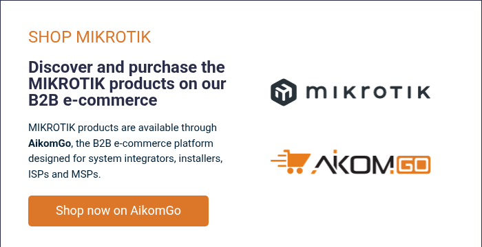 SHOP MIKROTIK &nbsp; Discover and purchase the MIKROTIK products on our B2B e-commerce &nbsp; MIKROTIK products are available through AikomGo, the B2B e-commerce platform designed for system integrators, installers, ISPs and MSPs.
