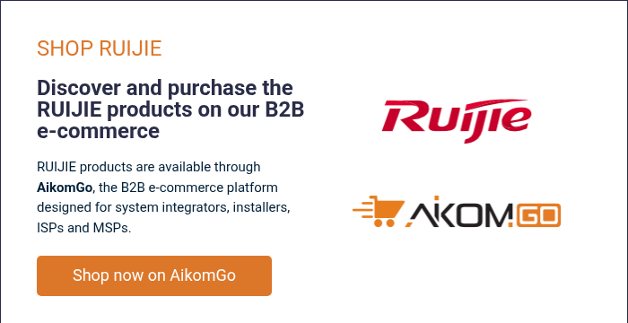 SHOP RUIJIE &nbsp; Discover and purchase the RUIJIE products on our B2B e-commerce &nbsp; RUIJIE products are available through AikomGo, the B2B e-commerce platform designed for system integrators, installers, ISPs and MSPs.