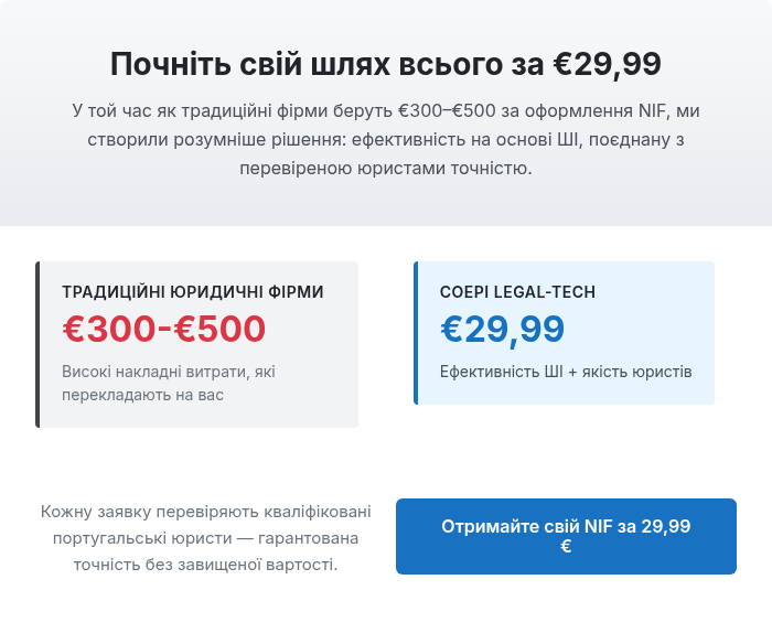 Почніть свій шлях всього за &euro;29,99 У той час як традиційні фірми беруть &euro;300&ndash;&euro;500 за оформлення NIF, ми створили розумніше рішення: ефективність на основі ШІ, поєднану з перевіреною юристами точністю.