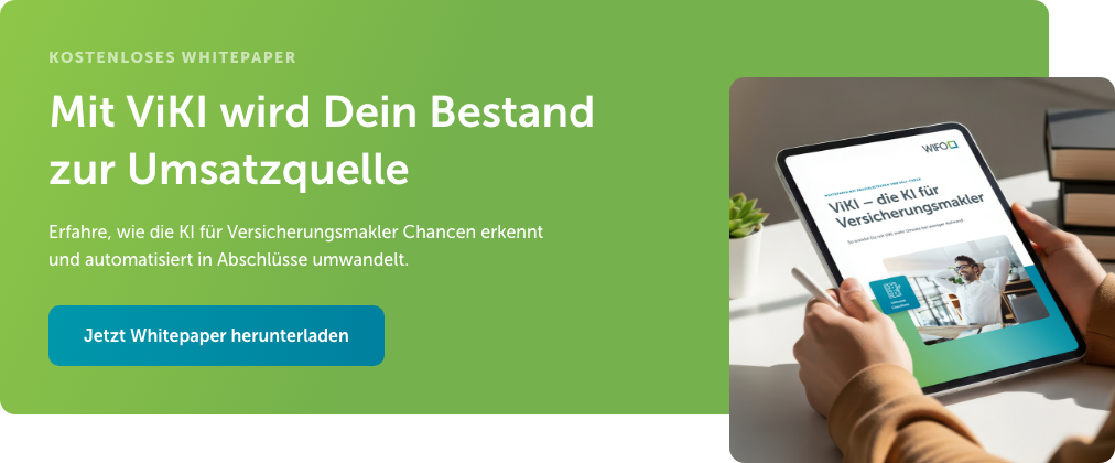 Bild-CTA Whitepaper ViKI, die künstliche Intelligenz für Versicherungsmakler mit Tablet, in der die Titelseite des Whitpapers zu sehen ist