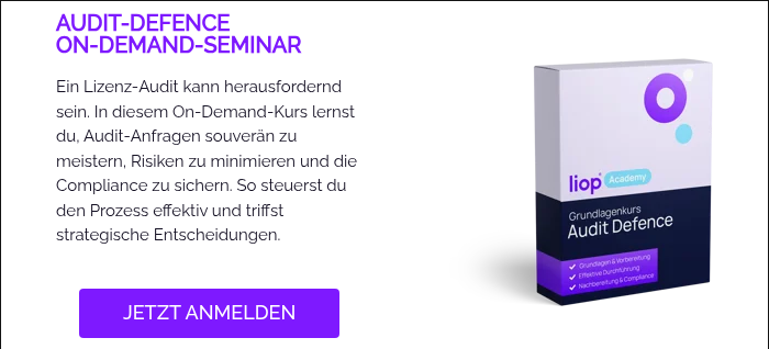 AUDIT-DEFENCE ON-DEMAND-SEMINAR &nbsp; Ein Lizenz-Audit kann herausfordernd sein. In diesem On-Demand-Kurs lernst du, Audit-Anfragen souverän zu meistern, Risiken zu minimieren und die Compliance zu sichern. So steuerst du den Prozess effektiv und triffst strategische Entscheidungen. &nbsp;