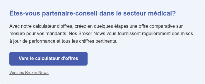 Êtes-vous partenaire-conseil dans le secteur médical? Avec notre calculateur d'offres, créez en quelques étapes une offre comparative sur mesure pour vos mandants. Nos Broker News vous fournissent régulièrement des mises à jour de performance et tous les chiffres pertinents.