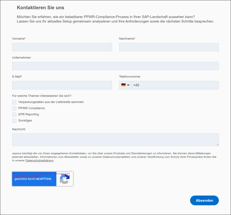Kontaktieren Sie uns&nbsp; Möchten Sie erfahren, wie ein belastbarer PPWR-Compliance-Prozess in Ihrer SAP-Landschaft aussehen kann? Lassen Sie uns Ihr aktuelles Setup gemeinsam analysieren und Ihre Anforderungen sowie die nächsten Schritte besprechen. &nbsp;
